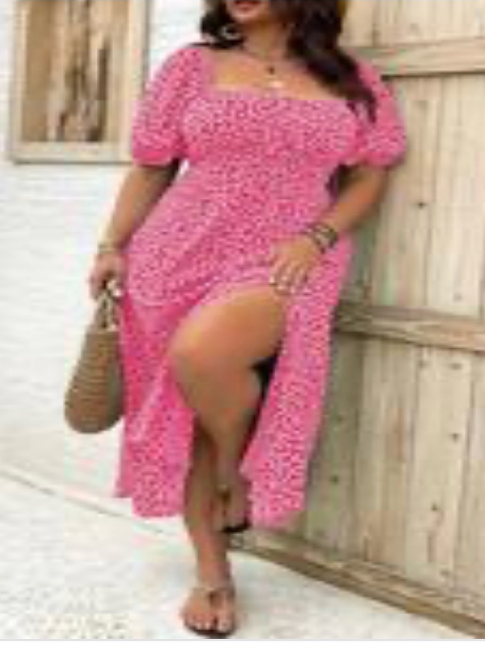 Square-Neck Pink Floral Midi Dress with Puff Sleeves